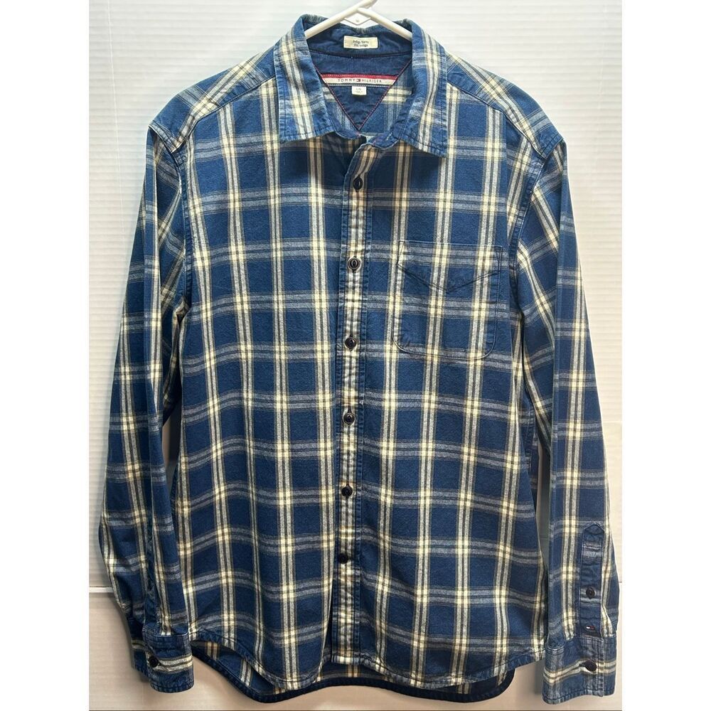Tommy Hilfiger Indigo Yarns Blue Plaid Button Down Shirt Men's Size L Long Sleev